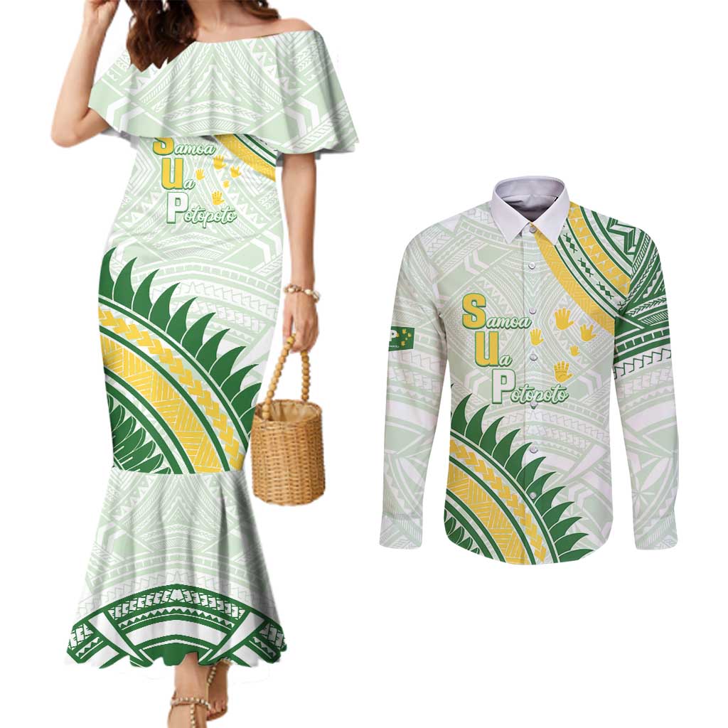 Personalised Samoa Ua Potopoto Couples Matching Mermaid Dress and Long Sleeve Button Shirt SUP Est 2025 Samoan Pattern LT14 White - Polynesian Pride