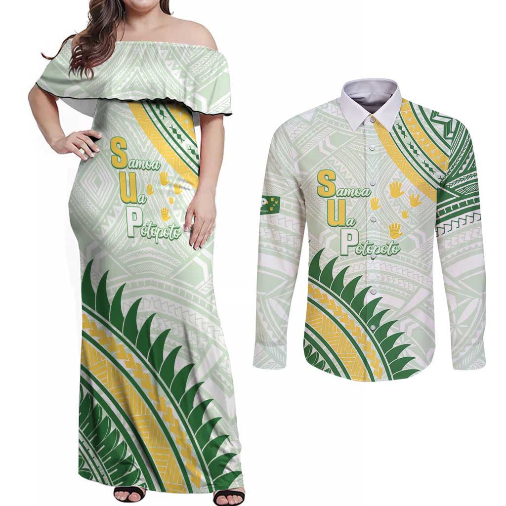Personalised Samoa Ua Potopoto Couples Matching Off Shoulder Maxi Dress and Long Sleeve Button Shirt SUP Est 2025 Samoan Pattern LT14 White - Polynesian Pride