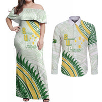 Personalised Samoa Ua Potopoto Couples Matching Off Shoulder Maxi Dress and Long Sleeve Button Shirt SUP Est 2025 Samoan Pattern LT14 White - Polynesian Pride