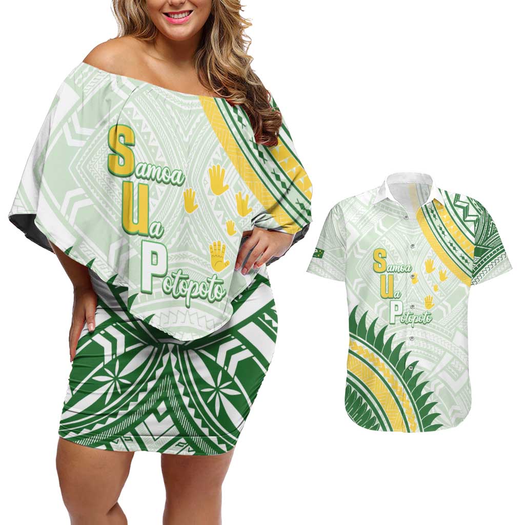 Personalised Samoa Ua Potopoto Couples Matching Off Shoulder Short Dress and Hawaiian Shirt SUP Est 2025 Samoan Pattern - Polynesian Pride