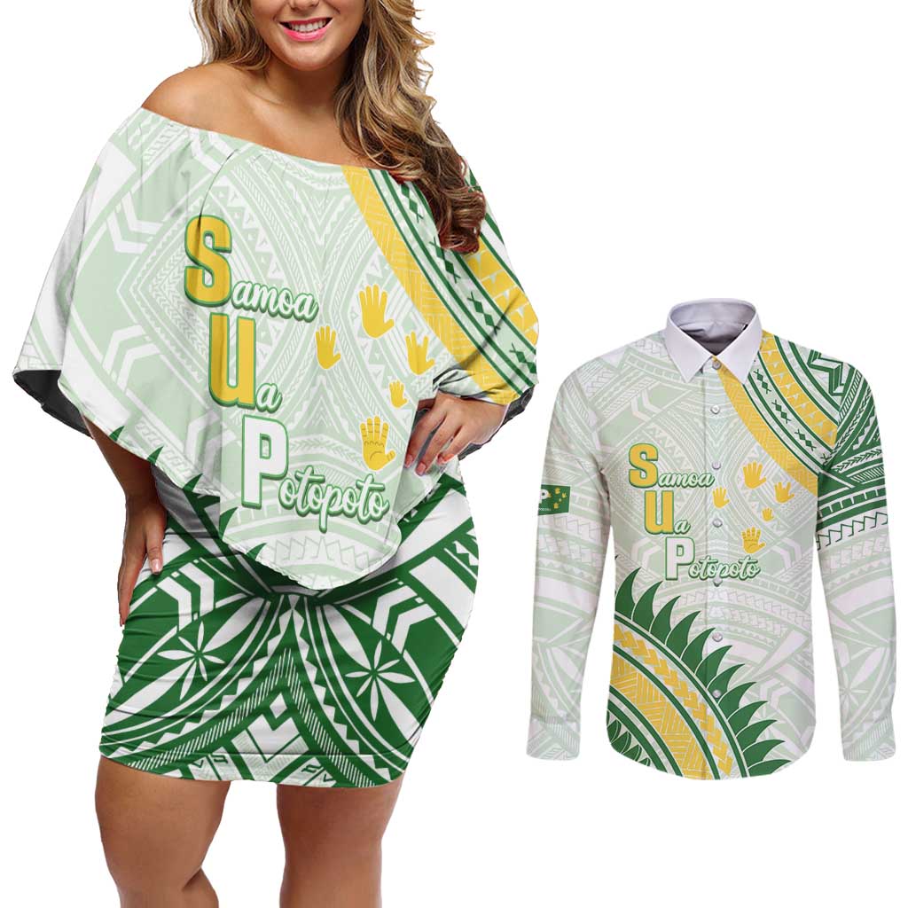Personalised Samoa Ua Potopoto Couples Matching Off Shoulder Short Dress and Long Sleeve Button Shirt SUP Est 2025 Samoan Pattern LT14 White - Polynesian Pride