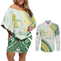 Personalised Samoa Ua Potopoto Couples Matching Off Shoulder Short Dress and Long Sleeve Button Shirt SUP Est 2025 Samoan Pattern LT14 White - Polynesian Pride