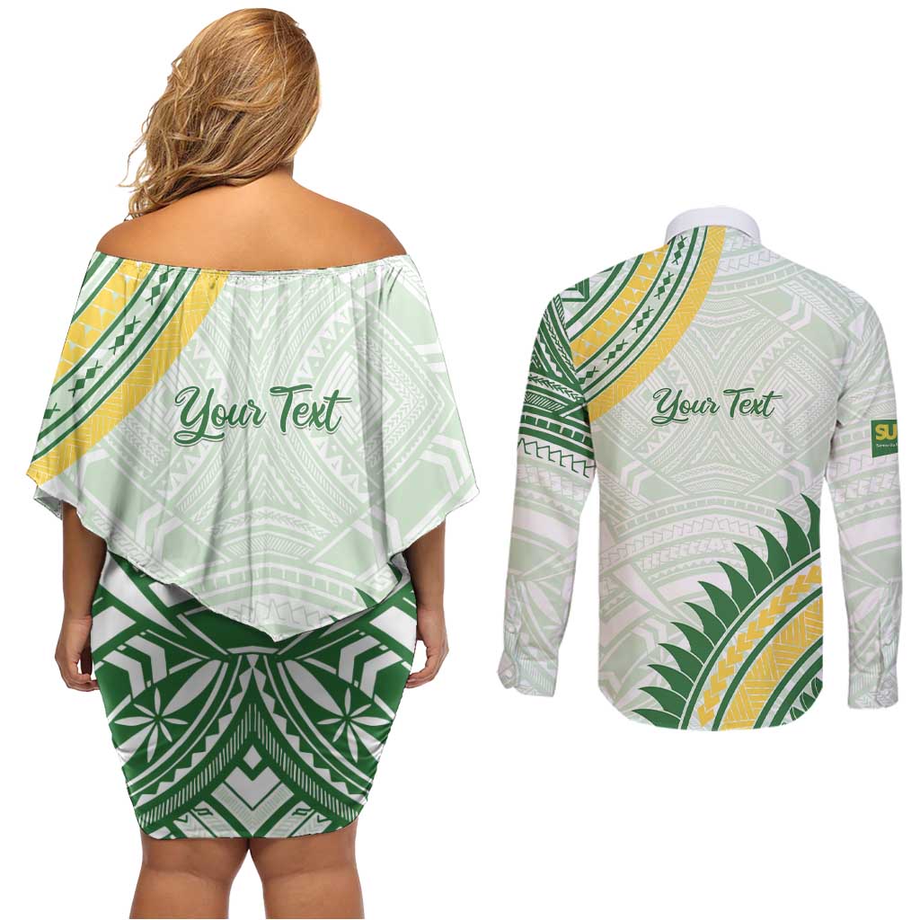 Personalised Samoa Ua Potopoto Couples Matching Off Shoulder Short Dress and Long Sleeve Button Shirt SUP Est 2025 Samoan Pattern LT14 - Polynesian Pride