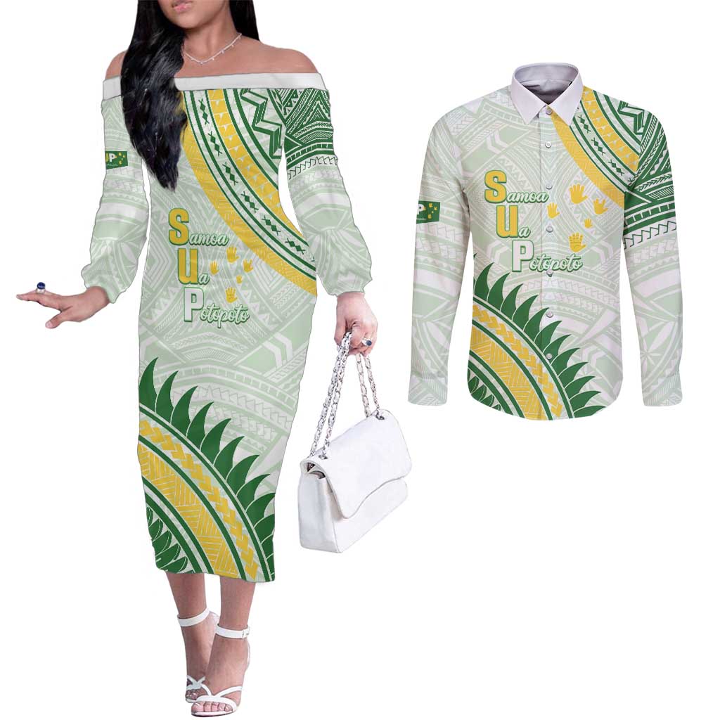 Personalised Samoa Ua Potopoto Couples Matching Off The Shoulder Long Sleeve Dress and Long Sleeve Button Shirt SUP Est 2025 Samoan Pattern LT14 White - Polynesian Pride