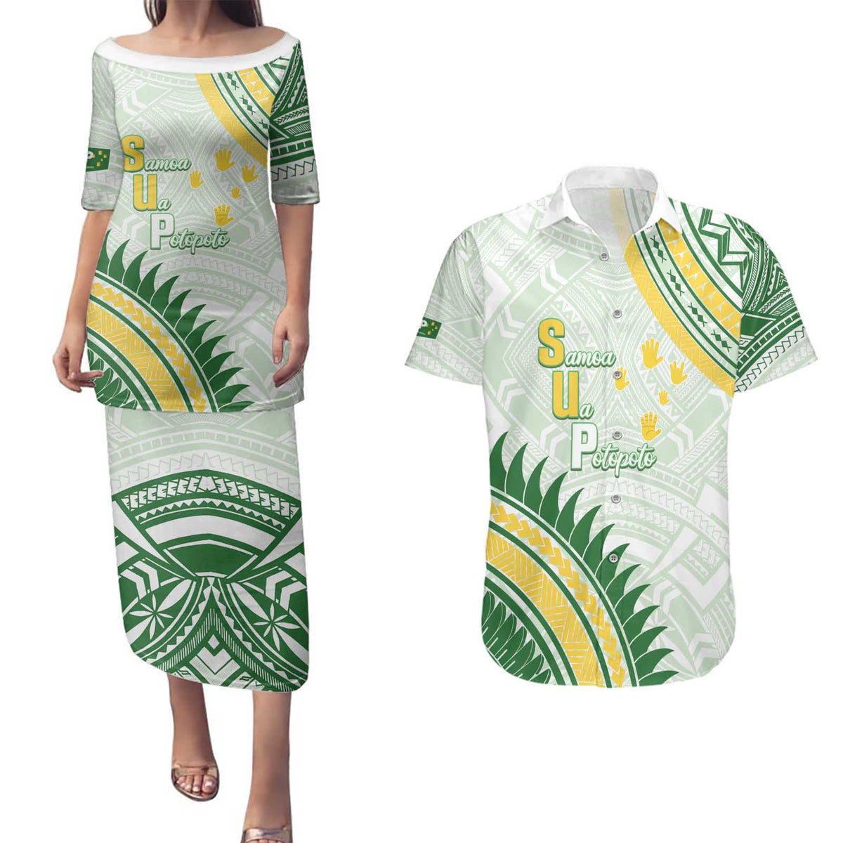 Personalised Samoa Ua Potopoto Couples Matching Puletasi and Hawaiian Shirt SUP Est 2025 Samoan Pattern LT14 White - Polynesian Pride