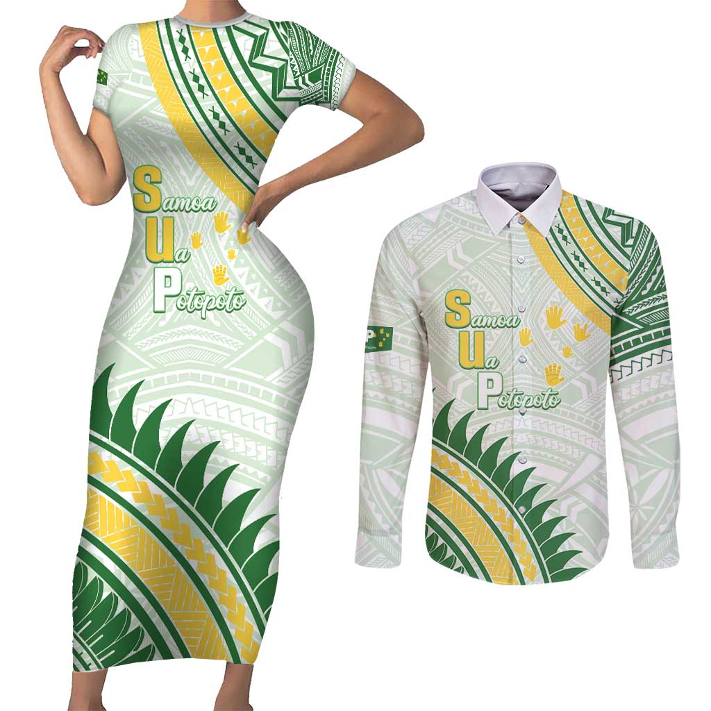 Personalised Samoa Ua Potopoto Couples Matching Short Sleeve Bodycon Dress and Long Sleeve Button Shirt SUP Est 2025 Samoan Pattern LT14 White - Polynesian Pride