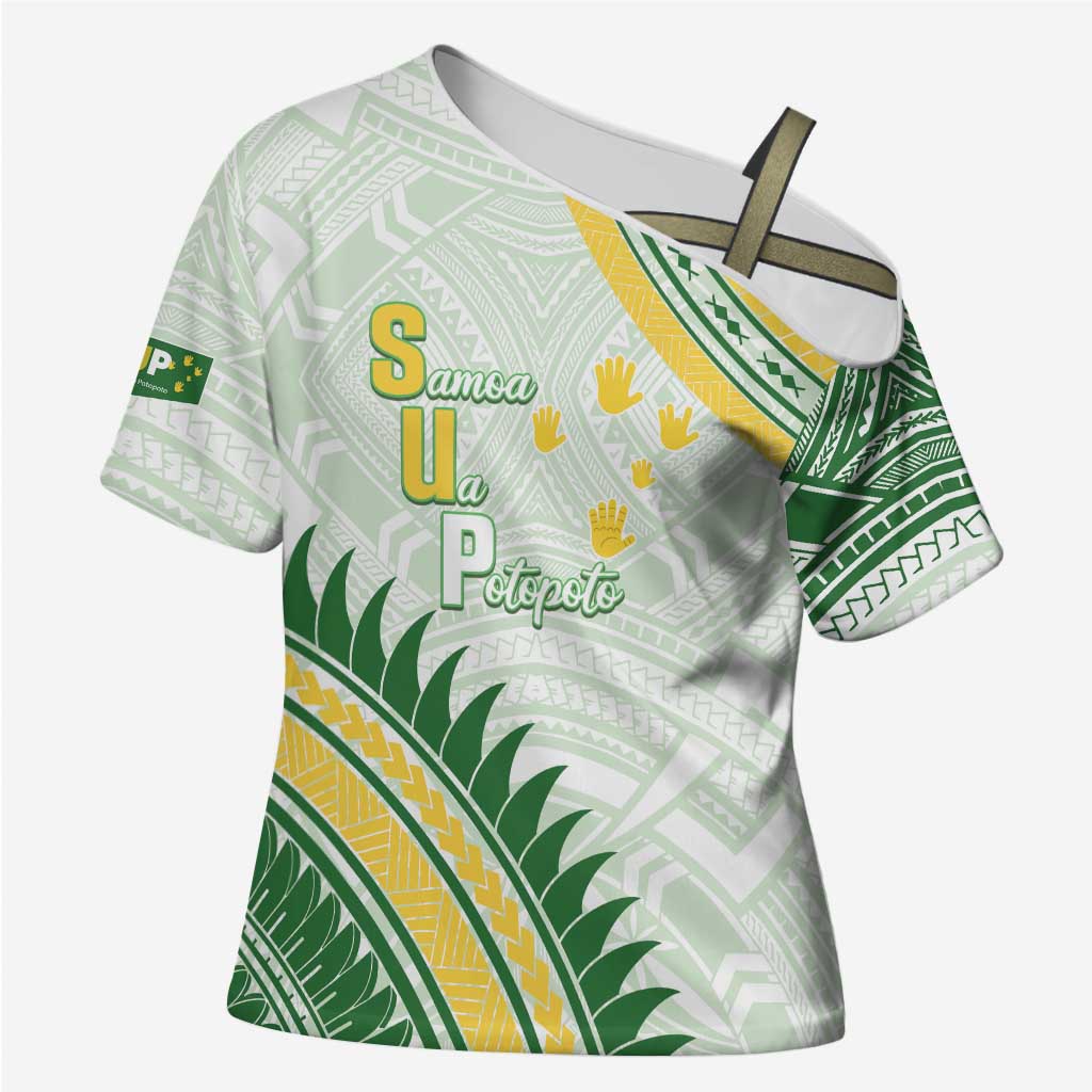 Personalised Samoa Ua Potopoto Cross Shoulder Shirt SUP Est 2025 Samoan Pattern LT14 Female White - Polynesian Pride