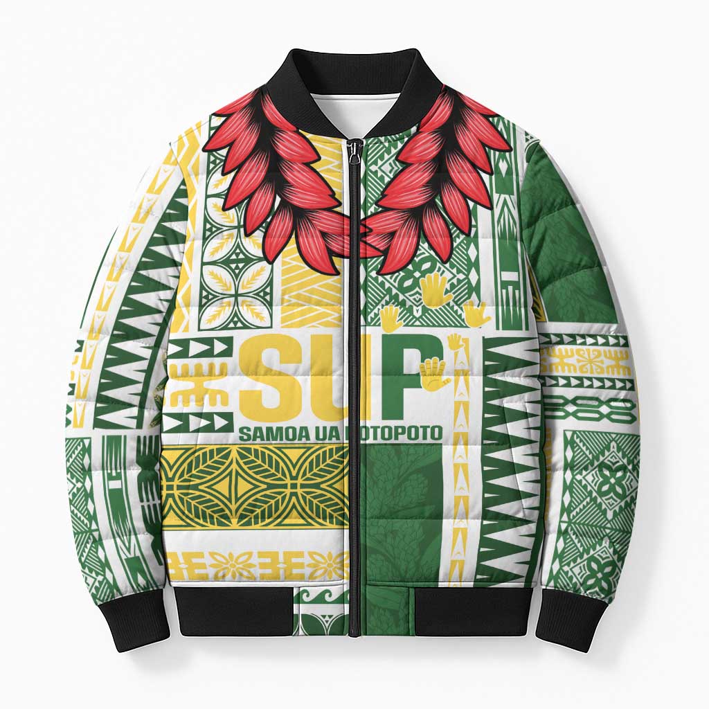 Samoa Uniting Party Bomber Puffer Jacket SUP Est 2025 Siapo Pattern LT14 Unisex White - Polynesian Pride