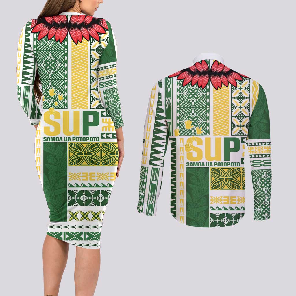 Samoa Uniting Party Couples Matching Long Sleeve Bodycon Dress and Long Sleeve Button Shirt SUP Est 2025 Siapo Pattern LT14 - Polynesian Pride