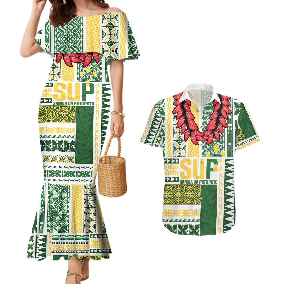 Samoa Uniting Party Couples Matching Mermaid Dress and Hawaiian Shirt SUP Est 2025 Siapo Pattern - Polynesian Pride