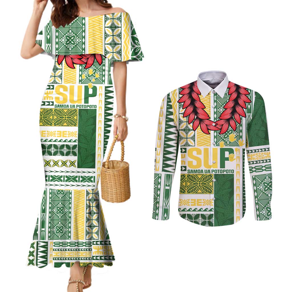 Samoa Uniting Party Couples Matching Mermaid Dress and Long Sleeve Button Shirt SUP Est 2025 Siapo Pattern LT14 White - Polynesian Pride