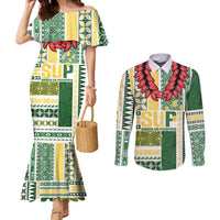 Samoa Uniting Party Couples Matching Mermaid Dress and Long Sleeve Button Shirt SUP Est 2025 Siapo Pattern LT14 White - Polynesian Pride