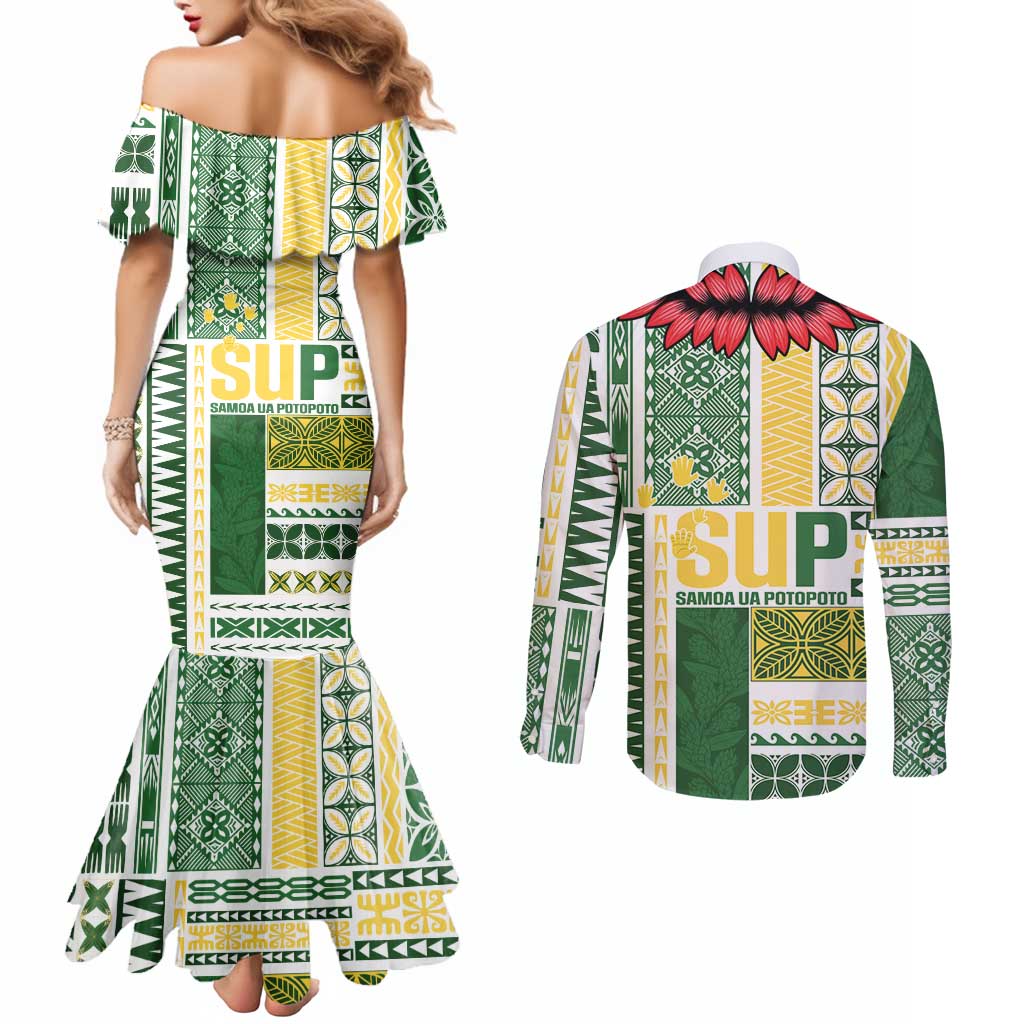 Samoa Uniting Party Couples Matching Mermaid Dress and Long Sleeve Button Shirt SUP Est 2025 Siapo Pattern LT14 - Polynesian Pride