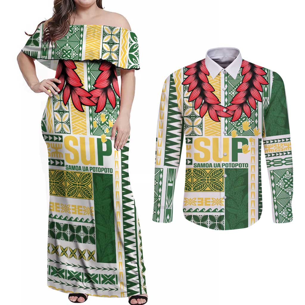 Samoa Uniting Party Couples Matching Off Shoulder Maxi Dress and Long Sleeve Button Shirt SUP Est 2025 Siapo Pattern LT14 White - Polynesian Pride