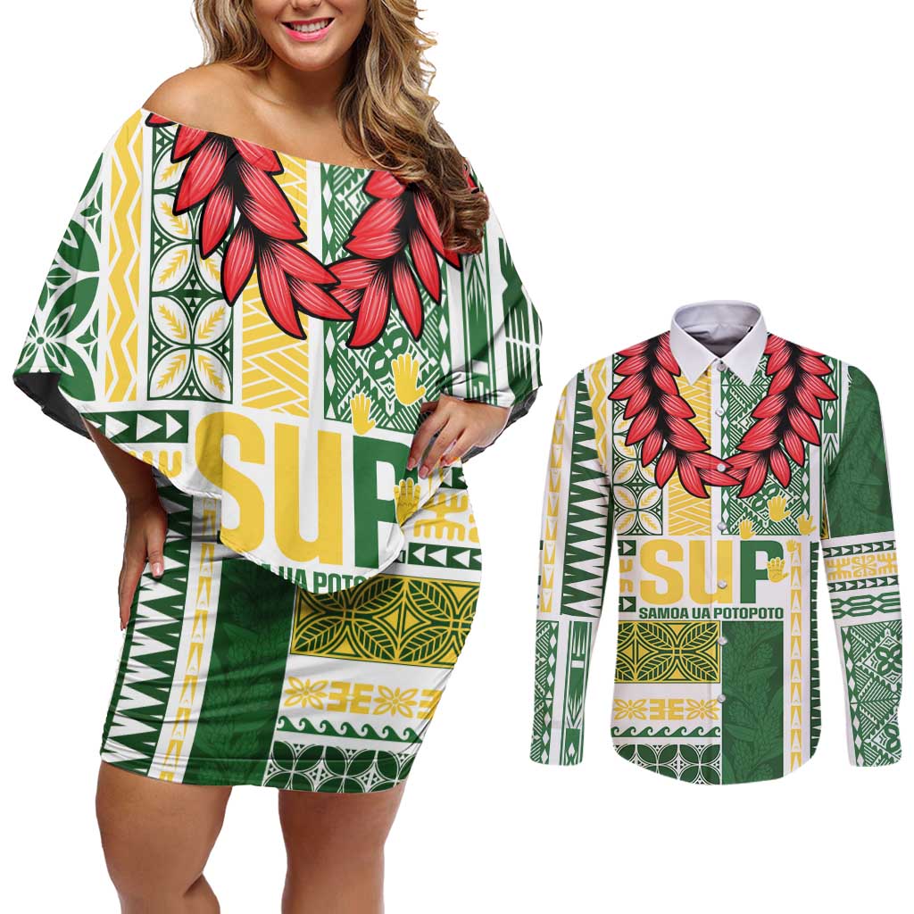Samoa Uniting Party Couples Matching Off Shoulder Short Dress and Long Sleeve Button Shirt SUP Est 2025 Siapo Pattern LT14 White - Polynesian Pride