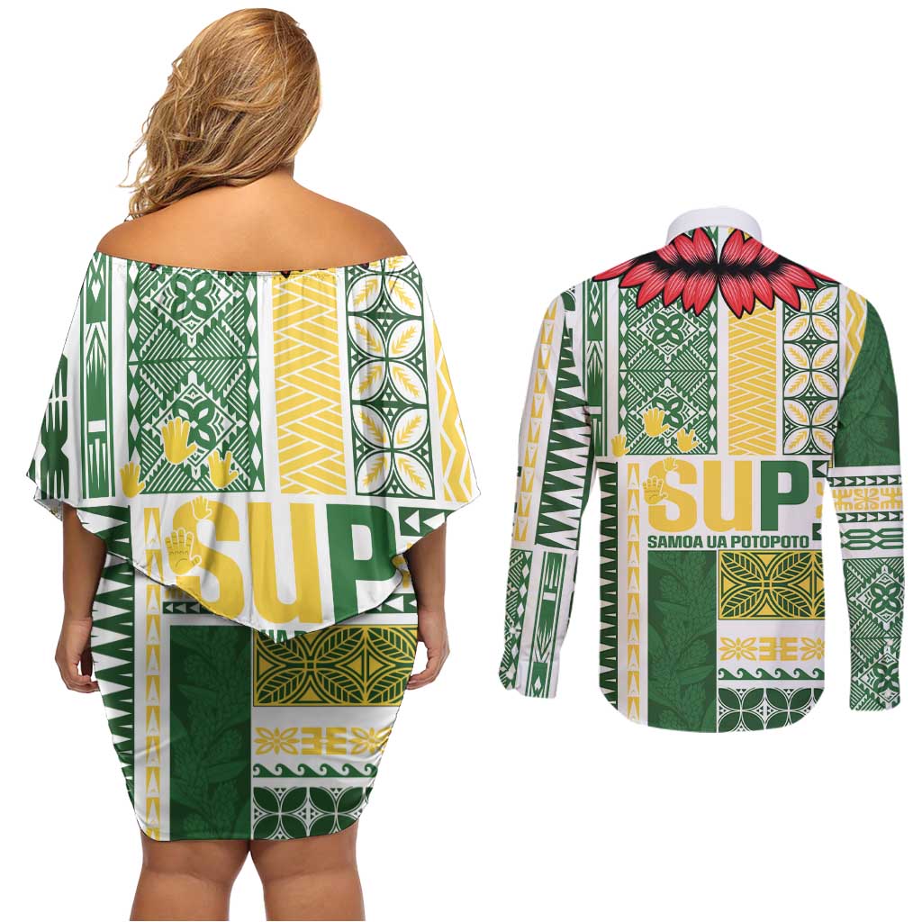 Samoa Uniting Party Couples Matching Off Shoulder Short Dress and Long Sleeve Button Shirt SUP Est 2025 Siapo Pattern LT14 - Polynesian Pride