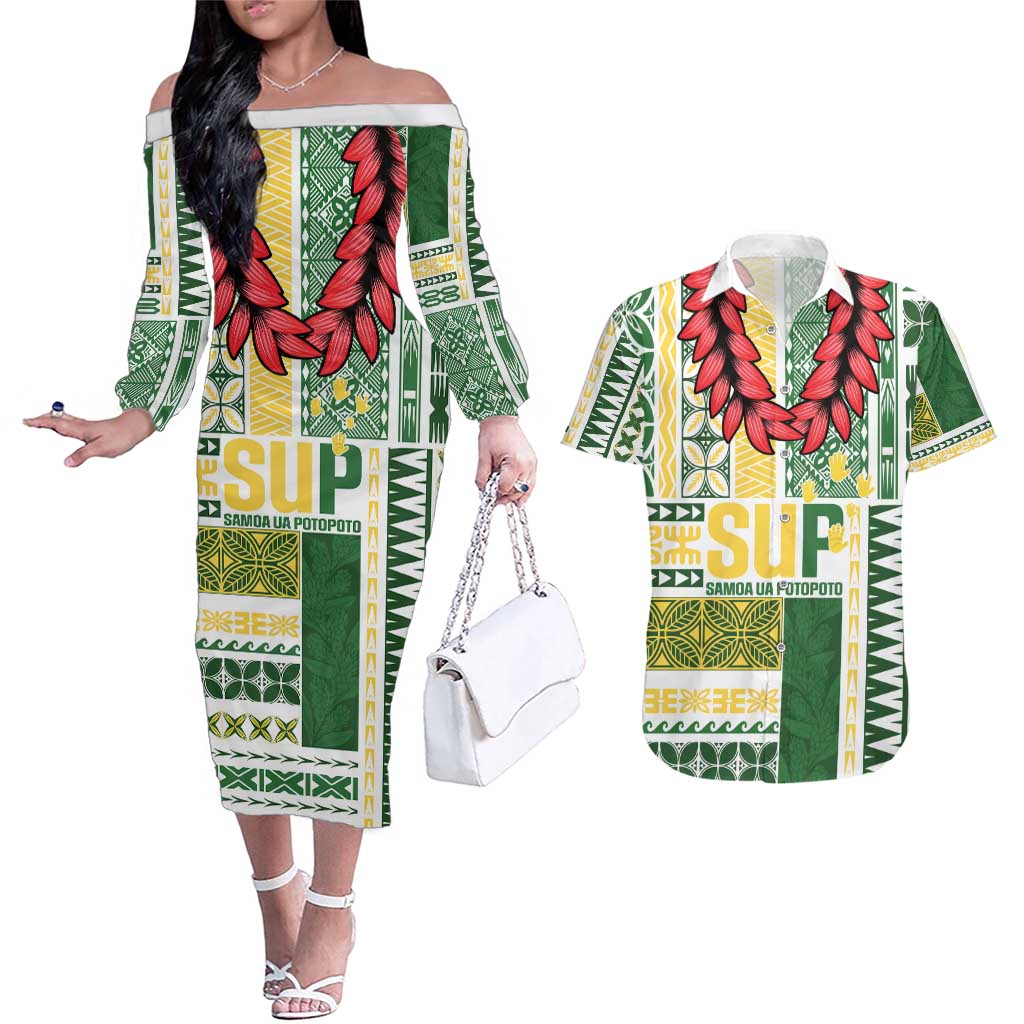 Samoa Uniting Party Couples Matching Off The Shoulder Long Sleeve Dress and Hawaiian Shirt SUP Est 2025 Siapo Pattern - Polynesian Pride