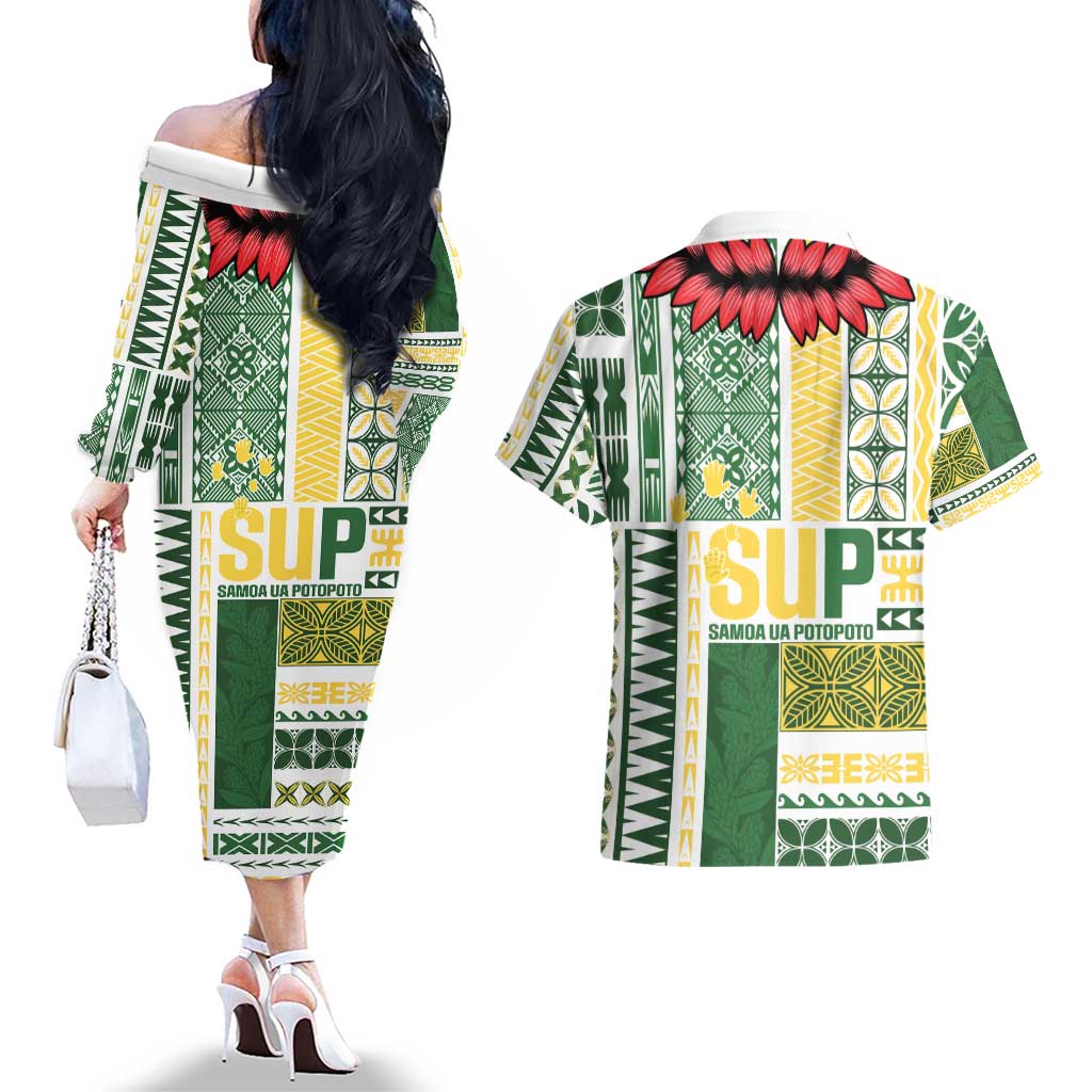 Samoa Uniting Party Couples Matching Off The Shoulder Long Sleeve Dress and Hawaiian Shirt SUP Est 2025 Siapo Pattern - Polynesian Pride