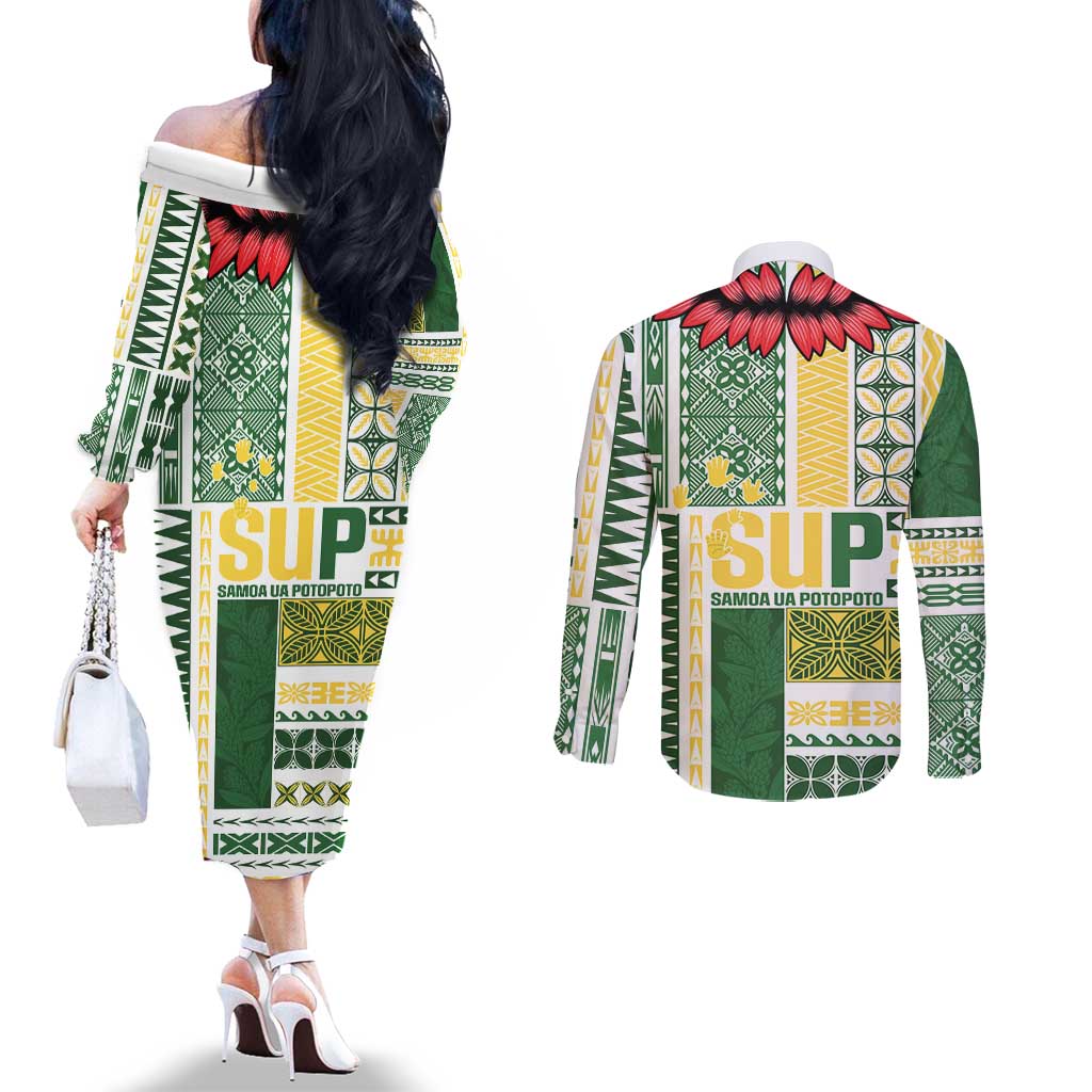 Samoa Uniting Party Couples Matching Off The Shoulder Long Sleeve Dress and Long Sleeve Button Shirt SUP Est 2025 Siapo Pattern LT14 - Polynesian Pride