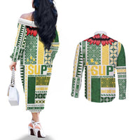 Samoa Uniting Party Couples Matching Off The Shoulder Long Sleeve Dress and Long Sleeve Button Shirt SUP Est 2025 Siapo Pattern LT14 - Polynesian Pride