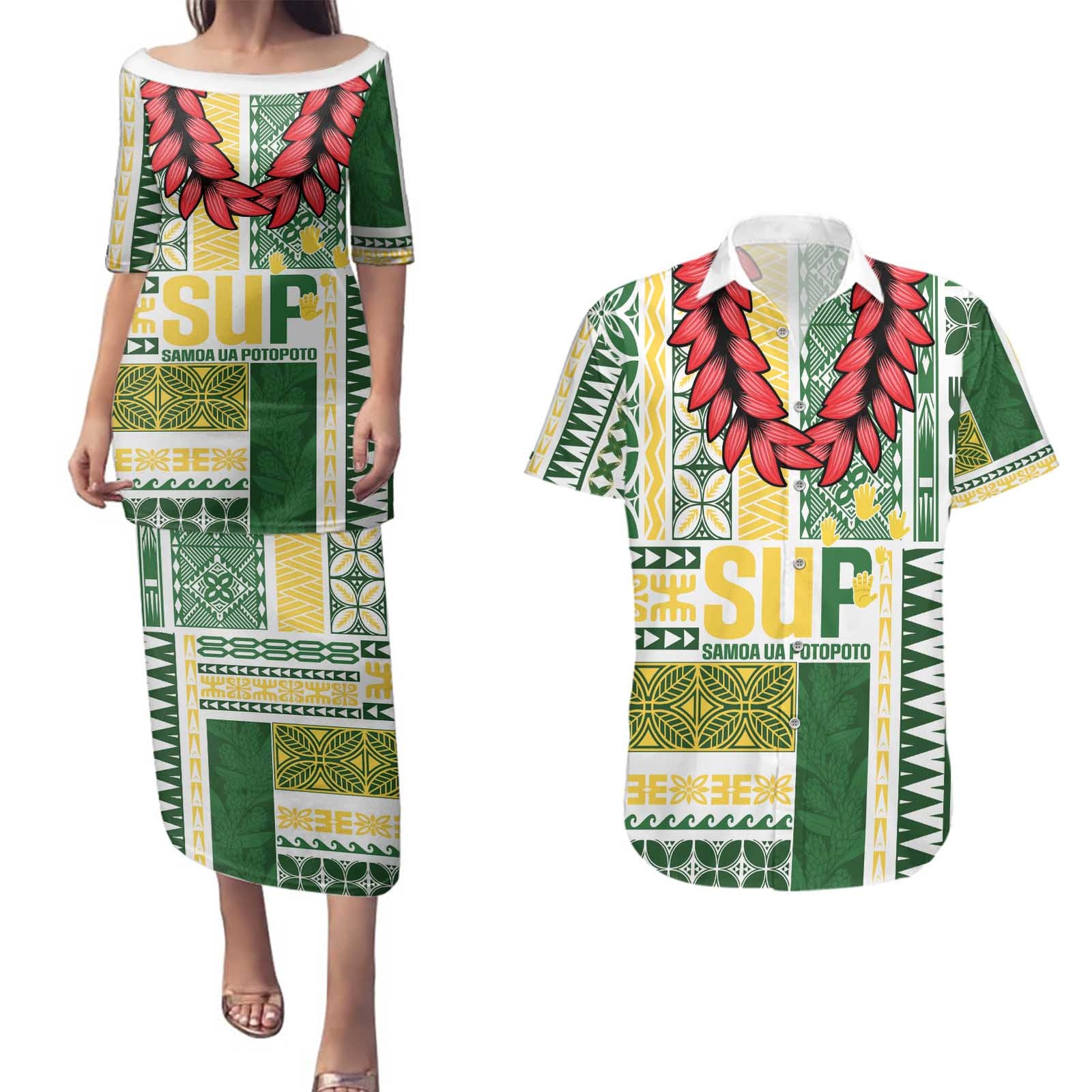 Samoa Uniting Party Couples Matching Puletasi and Hawaiian Shirt SUP Est 2025 Siapo Pattern LT14 White - Polynesian Pride