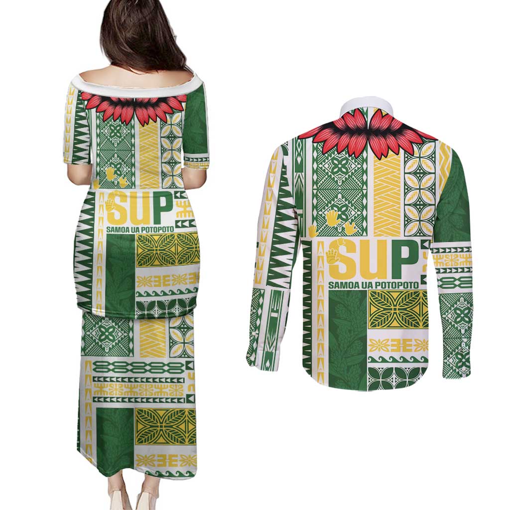 Samoa Uniting Party Couples Matching Puletasi and Long Sleeve Button Shirt SUP Est 2025 Siapo Pattern LT14 - Polynesian Pride