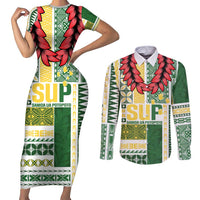 Samoa Uniting Party Couples Matching Short Sleeve Bodycon Dress and Long Sleeve Button Shirt SUP Est 2025 Siapo Pattern LT14 White - Polynesian Pride