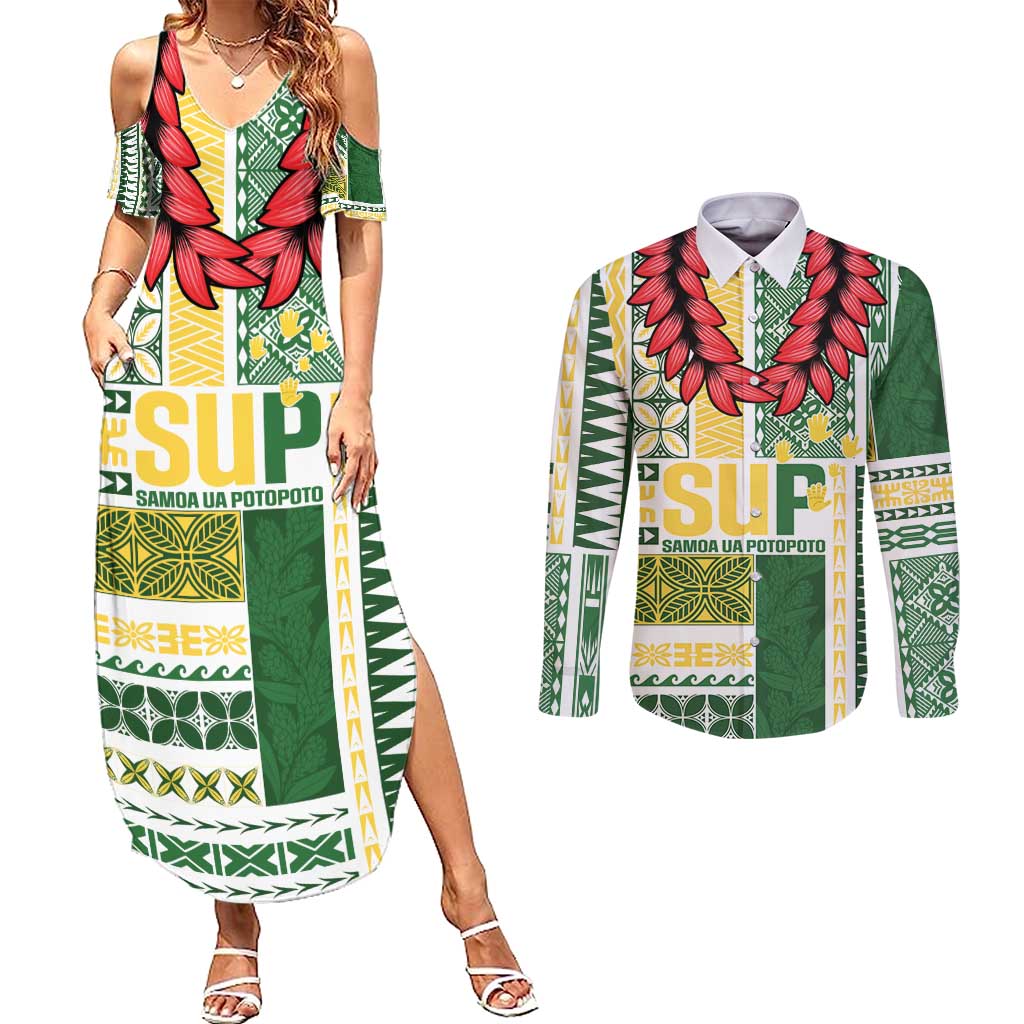 Samoa Uniting Party Couples Matching Summer Maxi Dress and Long Sleeve Button Shirt SUP Est 2025 Siapo Pattern LT14 White - Polynesian Pride