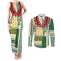 Samoa Uniting Party Couples Matching Tank Maxi Dress and Long Sleeve Button Shirt SUP Est 2025 Siapo Pattern LT14 White - Polynesian Pride