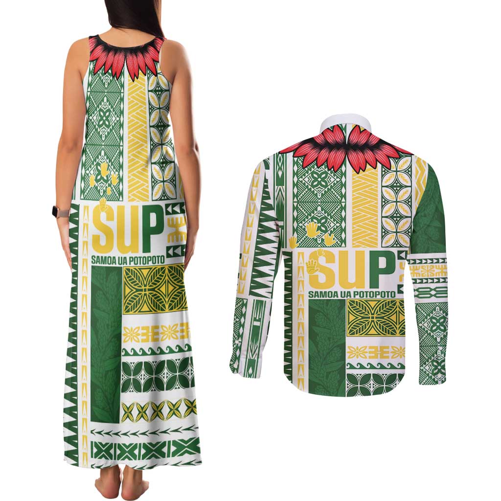 Samoa Uniting Party Couples Matching Tank Maxi Dress and Long Sleeve Button Shirt SUP Est 2025 Siapo Pattern LT14 - Polynesian Pride
