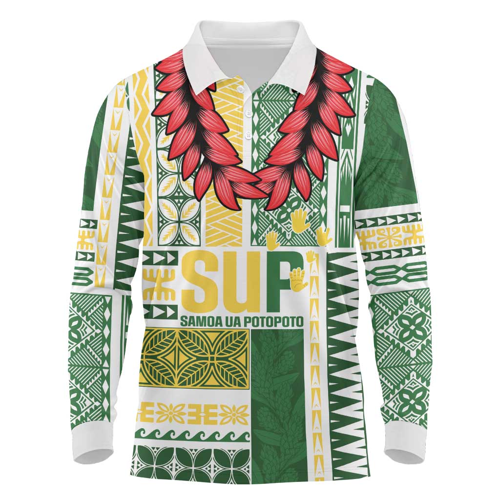 Samoa Uniting Party Long Sleeve Polo Shirt SUP Est 2025 Siapo Pattern LT14 White - Polynesian Pride