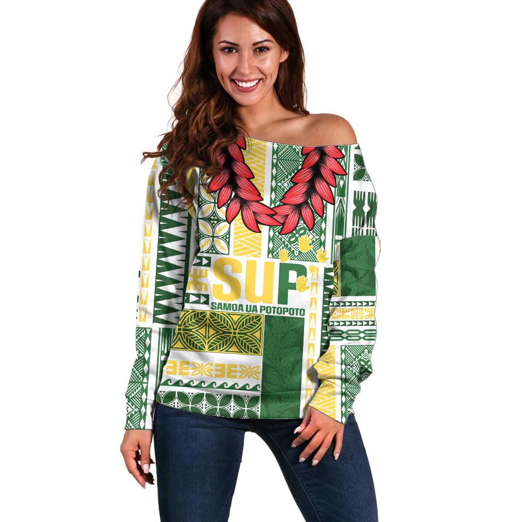 Samoa Uniting Party Off Shoulder Sweater SUP Est 2025 Siapo Pattern - Polynesian Pride