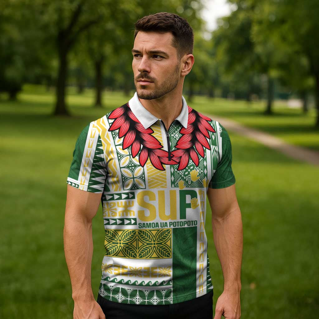 Samoa Uniting Party Zipper Polo Shirt SUP Est 2025 Siapo Pattern LT14 - Polynesian Pride
