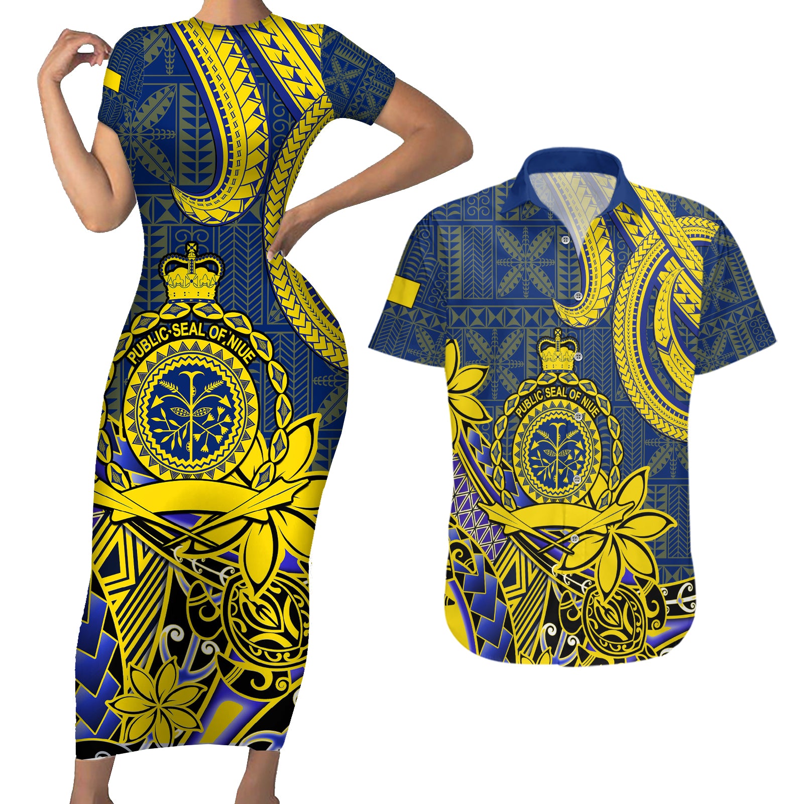 Niue Peniamina Gospel Day Couples Matching Short Sleeve Bodycon Dress and Hawaiian Shirt Unique Niean Hiapo LT14 Blue - Polynesian Pride