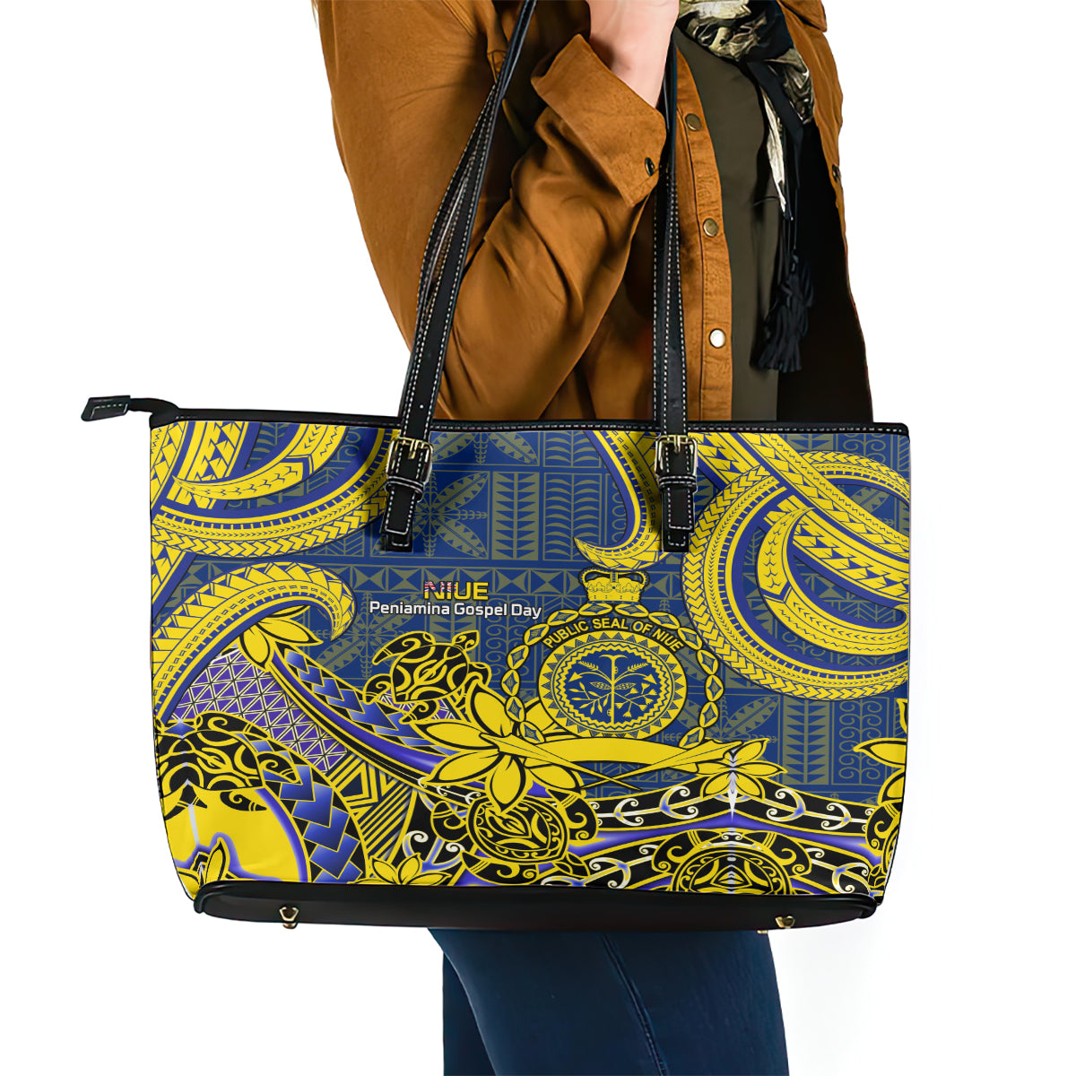Niue Peniamina Gospel Day Leather Tote Bag Unique Niean Hiapo LT14 - Polynesian Pride