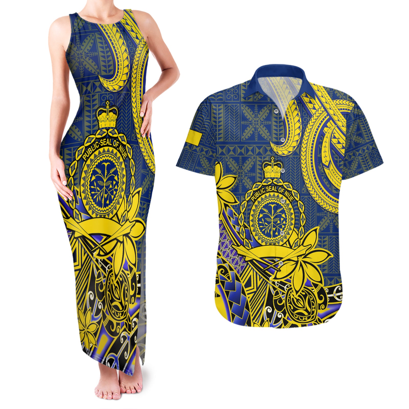 Personalised Niue Peniamina Gospel Day Couples Matching Tank Maxi Dress and Hawaiian Shirt Unique Niean Hiapo LT14 Blue - Polynesian Pride