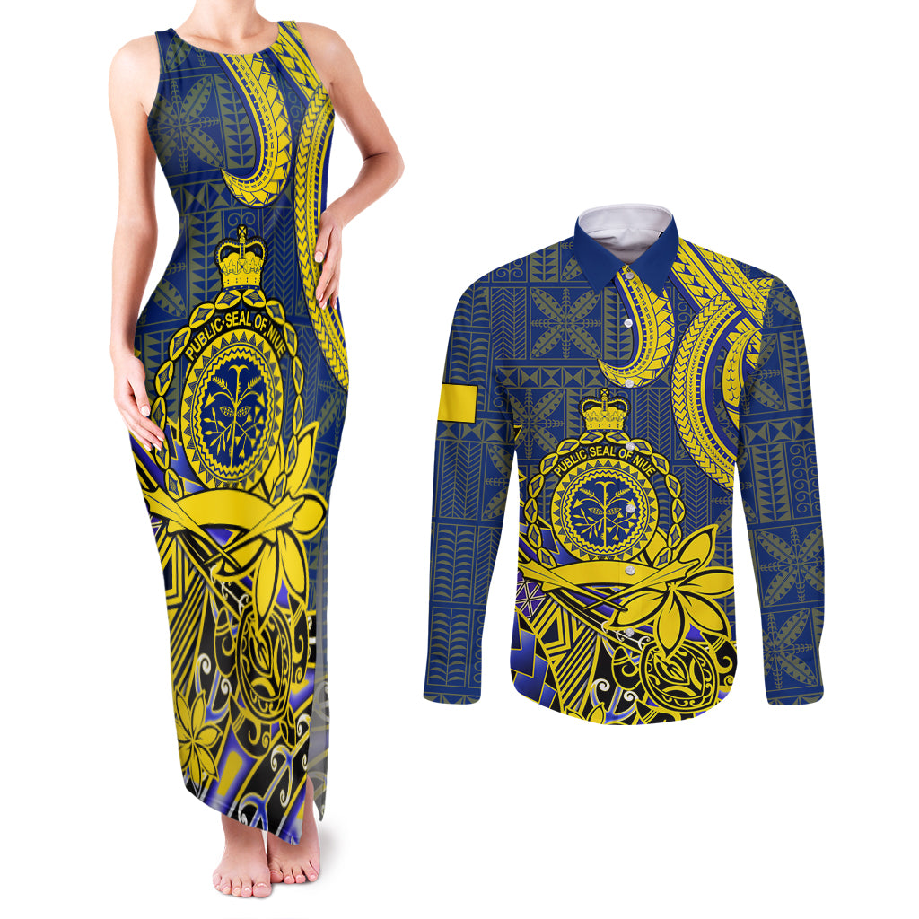 Personalised Niue Peniamina Gospel Day Couples Matching Tank Maxi Dress and Long Sleeve Button Shirts Unique Niean Hiapo LT14 Blue - Polynesian Pride