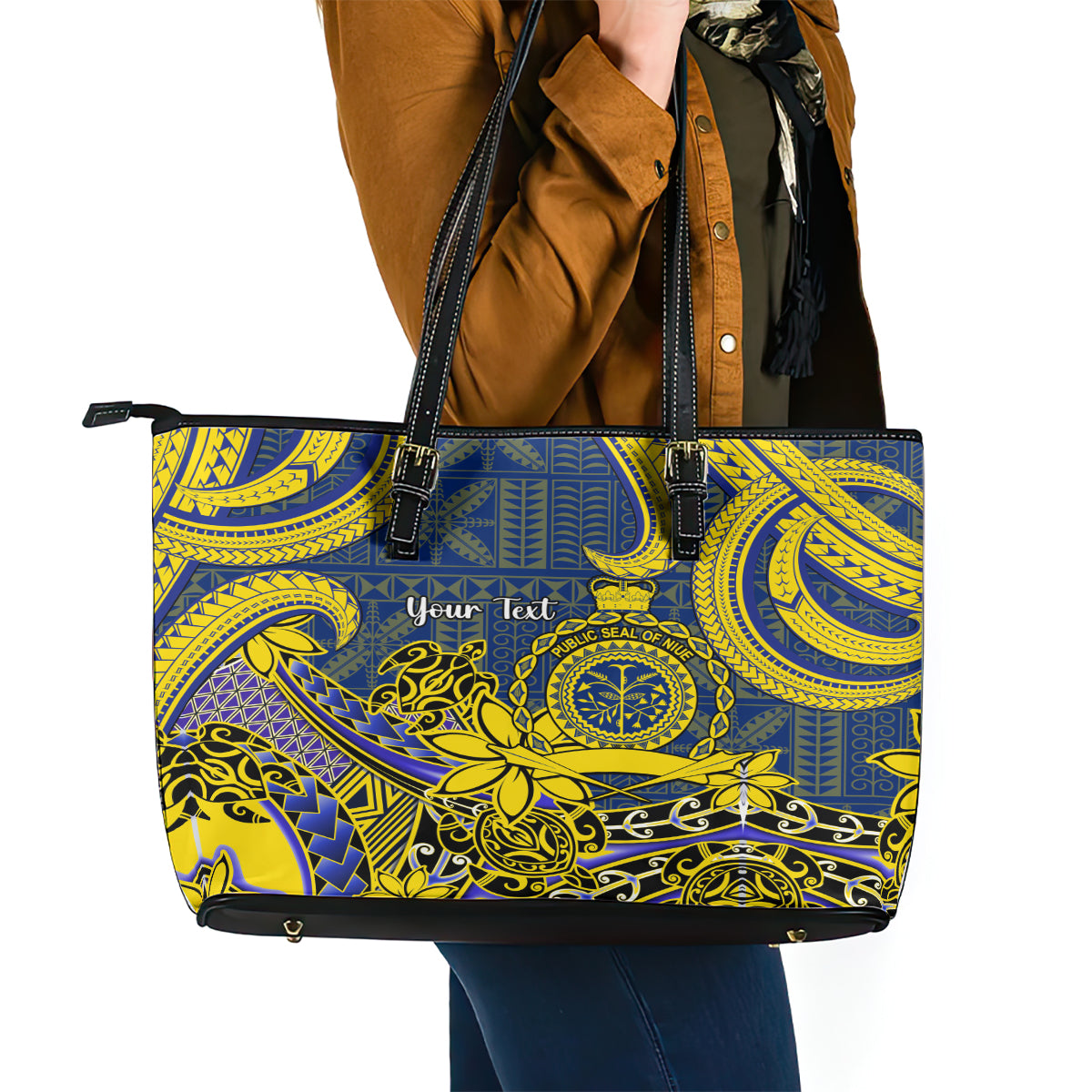 Personalised Niue Peniamina Gospel Day Leather Tote Bag Unique Niean Hiapo LT14 - Polynesian Pride