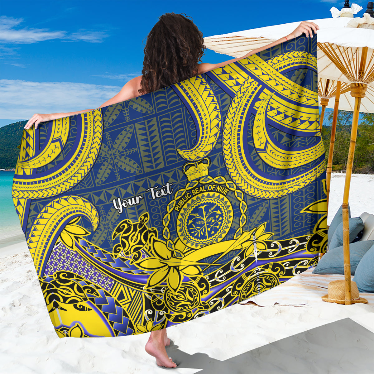 Personalised Niue Peniamina Gospel Day Sarong Unique Niean Hiapo LT14 One Size 44 x 66 inches Blue - Polynesian Pride