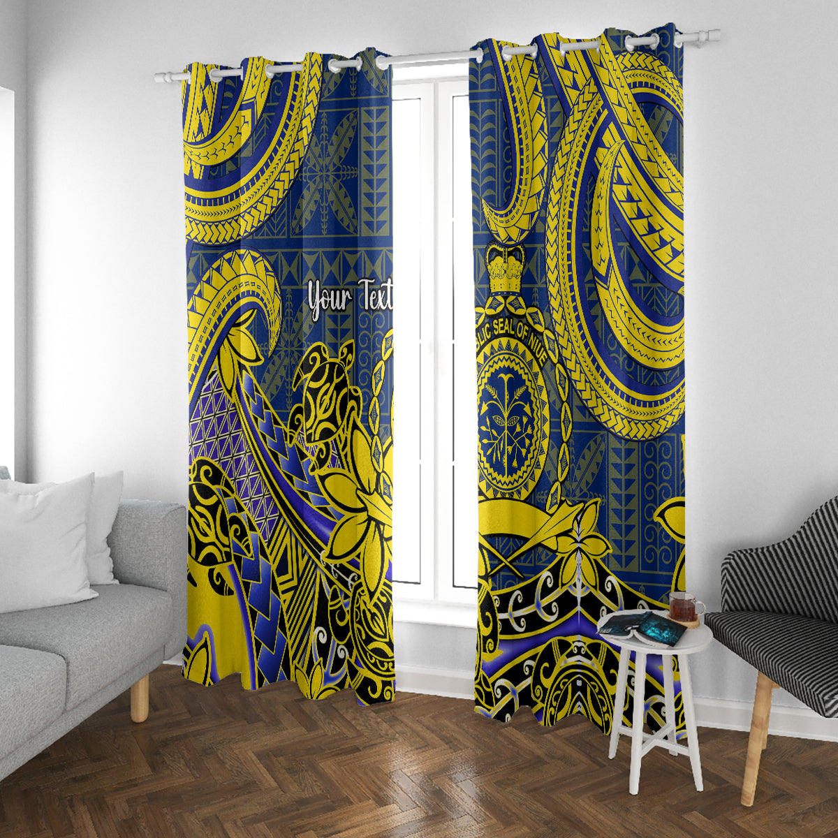Personalised Niue Peniamina Gospel Day Window Curtain Unique Niean Hiapo LT14 With Grommets Blue - Polynesian Pride