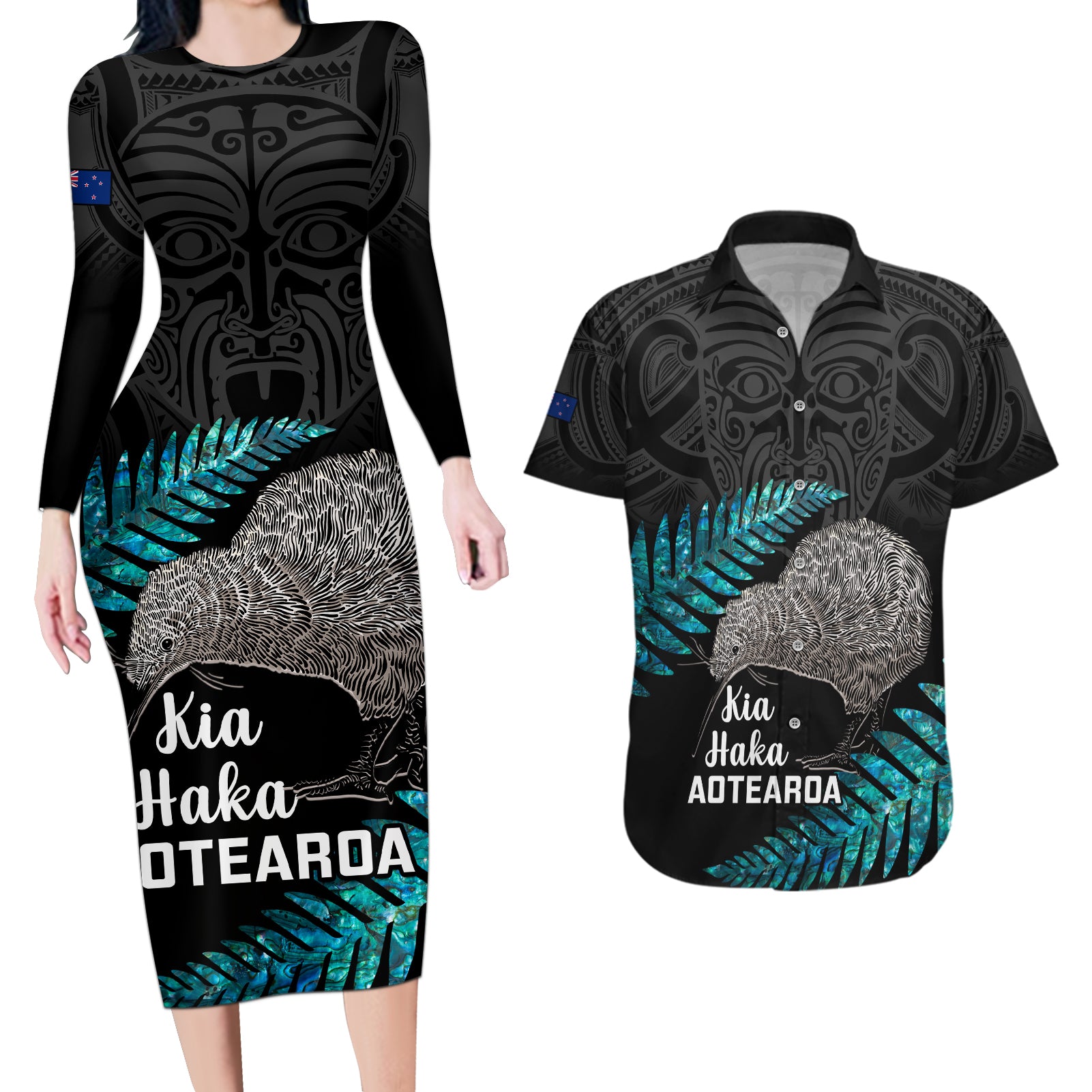 Custom New Zealand Silver Fern Rugby Couples Matching Long Sleeve Bodycon Dress and Hawaiian Shirt Pacific 2023 Kia Haka Kiwis With Maori Ta Moko LT14 Black - Polynesian Pride