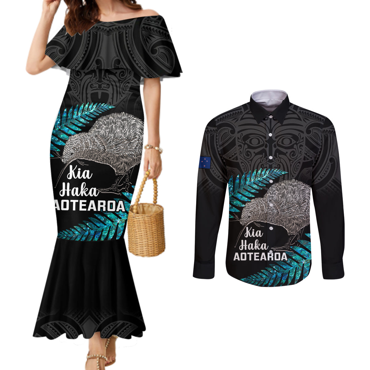 Custom New Zealand Silver Fern Rugby Couples Matching Mermaid Dress and Long Sleeve Button Shirts Pacific 2023 Kia Haka Kiwis With Maori Ta Moko LT14 Black - Polynesian Pride