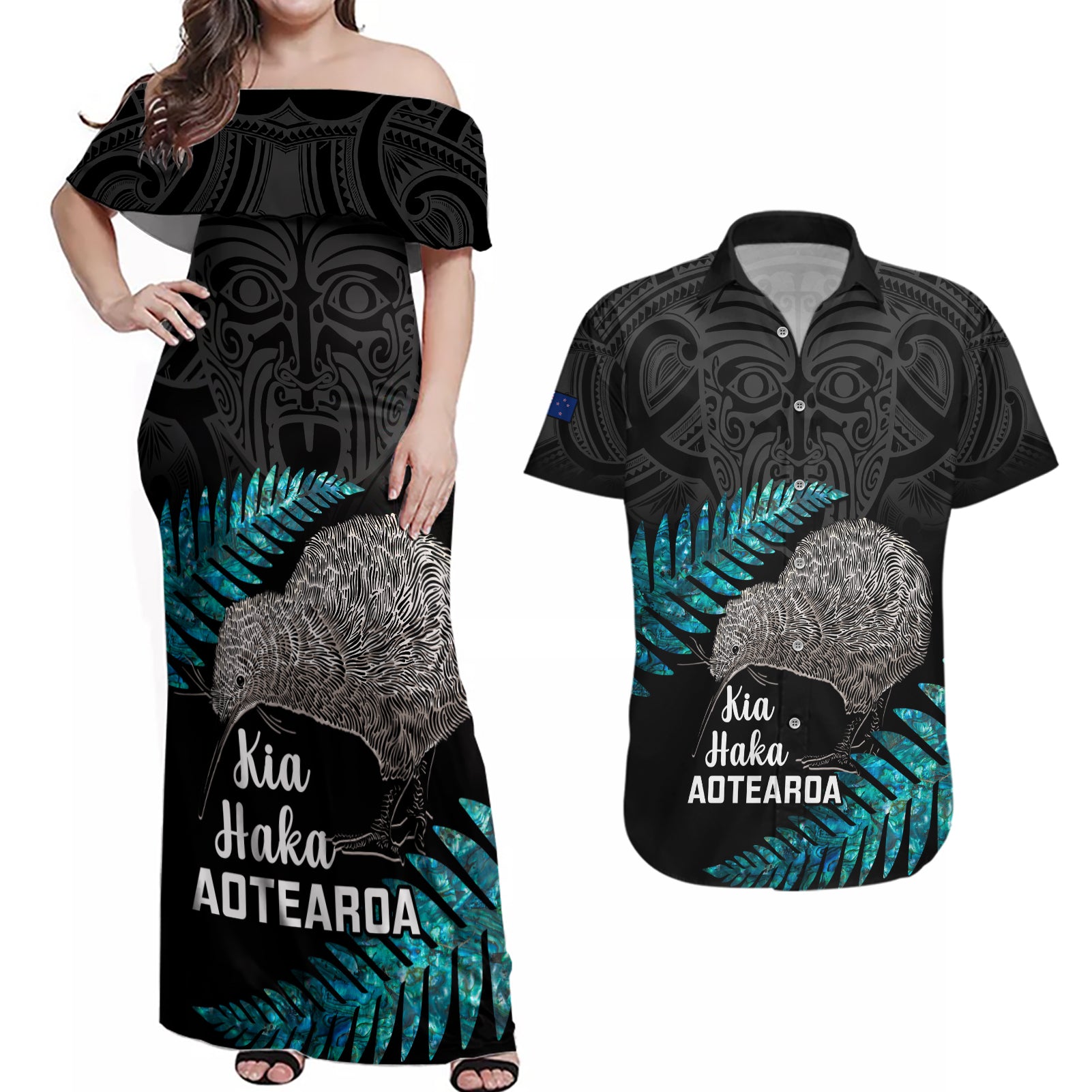 Custom New Zealand Silver Fern Rugby Couples Matching Off Shoulder Maxi Dress and Hawaiian Shirt Pacific 2023 Kia Haka Kiwis With Maori Ta Moko LT14 Black - Polynesian Pride