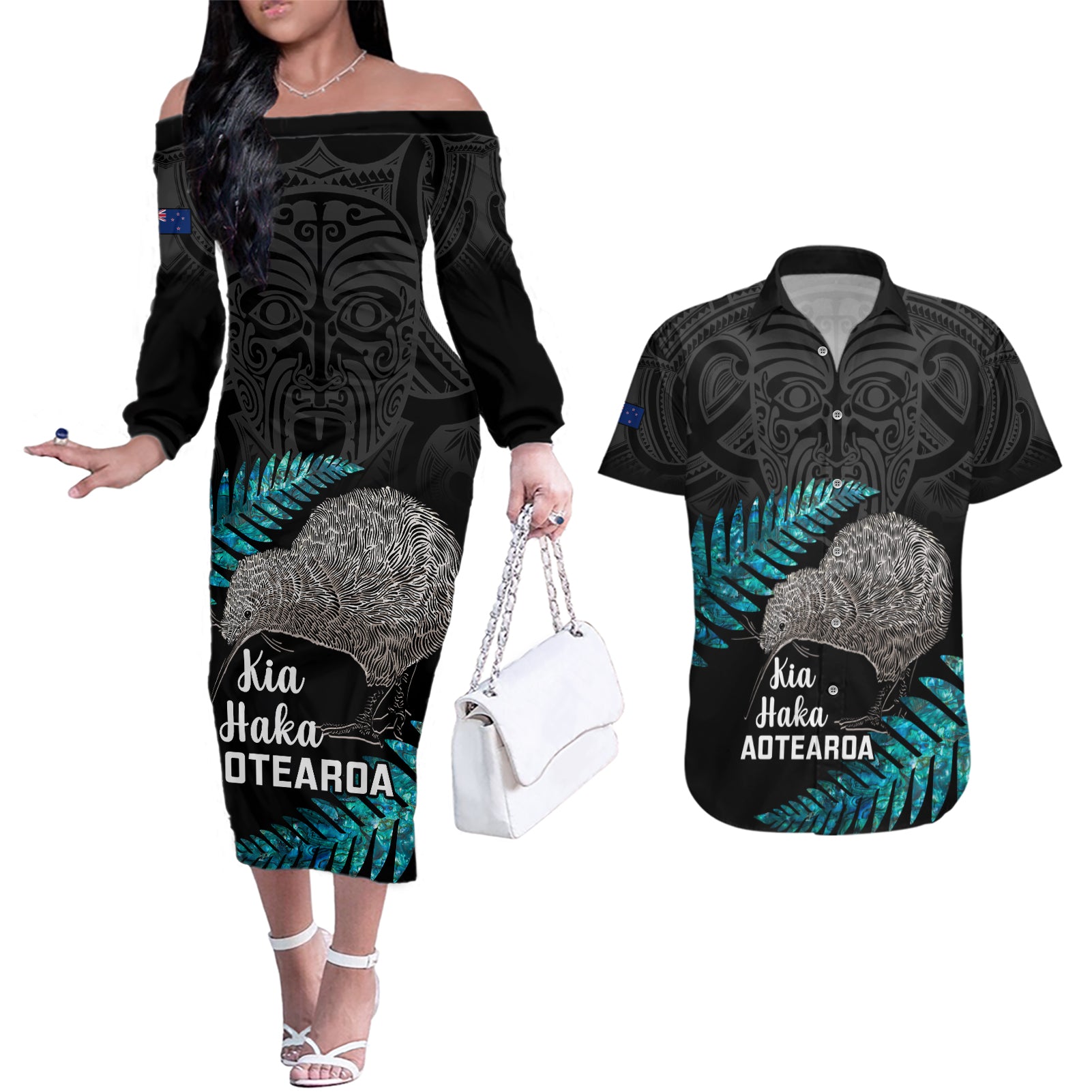 Custom New Zealand Silver Fern Rugby Couples Matching Off The Shoulder Long Sleeve Dress and Hawaiian Shirt Pacific 2023 Kia Haka Kiwis With Maori Ta Moko LT14 Black - Polynesian Pride