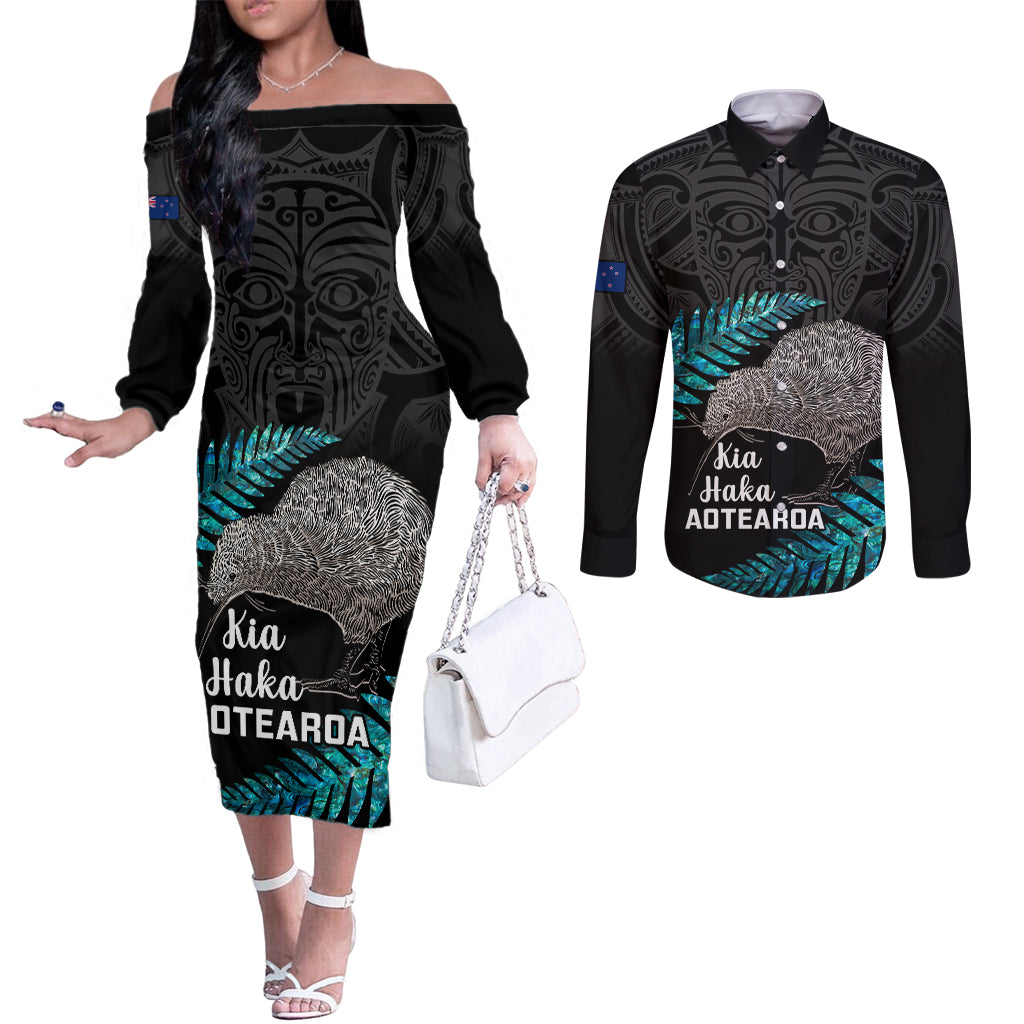 Custom New Zealand Silver Fern Rugby Couples Matching Off The Shoulder Long Sleeve Dress and Long Sleeve Button Shirts Pacific 2023 Kia Haka Kiwis With Maori Ta Moko LT14 Black - Polynesian Pride