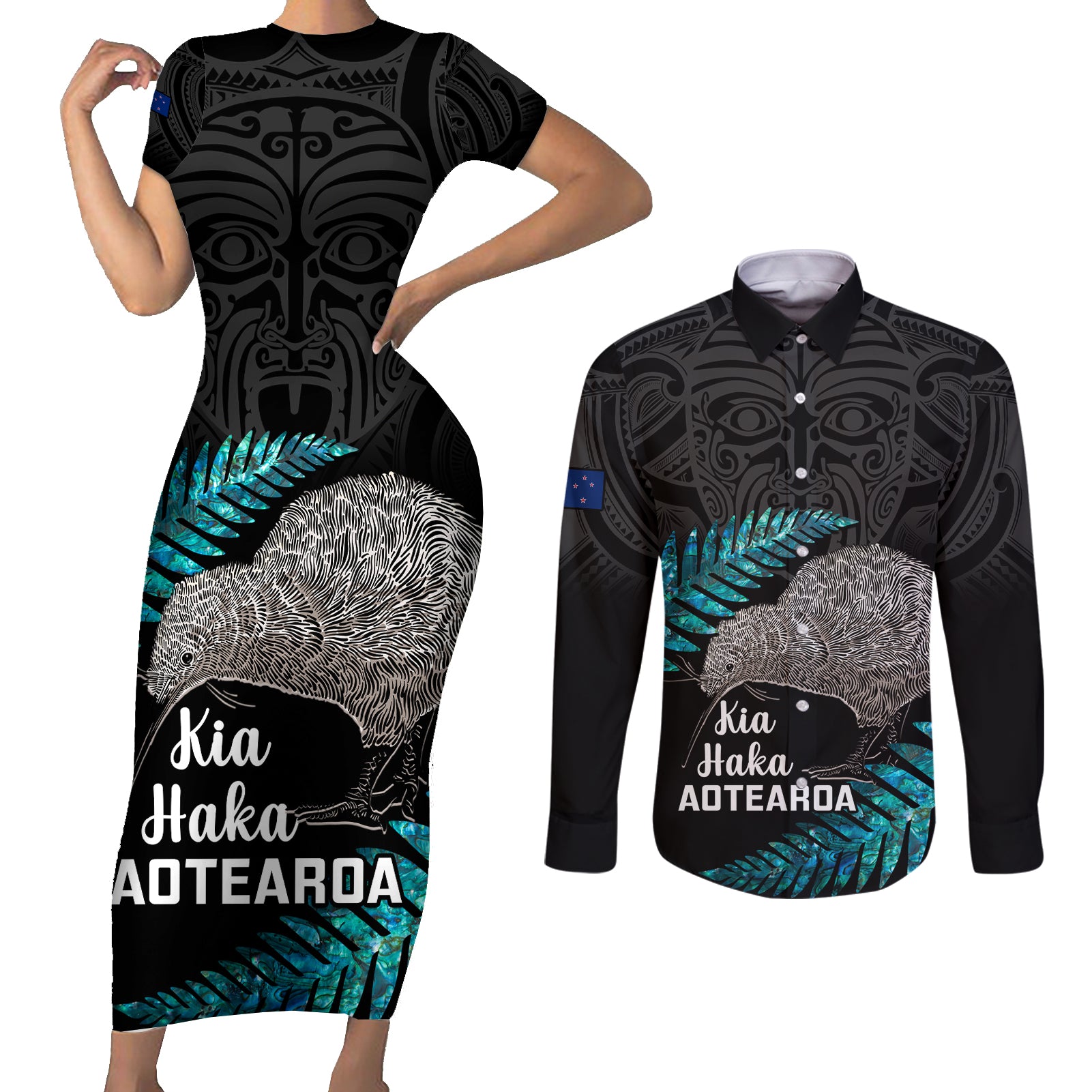 Custom New Zealand Silver Fern Rugby Couples Matching Short Sleeve Bodycon Dress and Long Sleeve Button Shirts Pacific 2023 Kia Haka Kiwis With Maori Ta Moko LT14 Black - Polynesian Pride