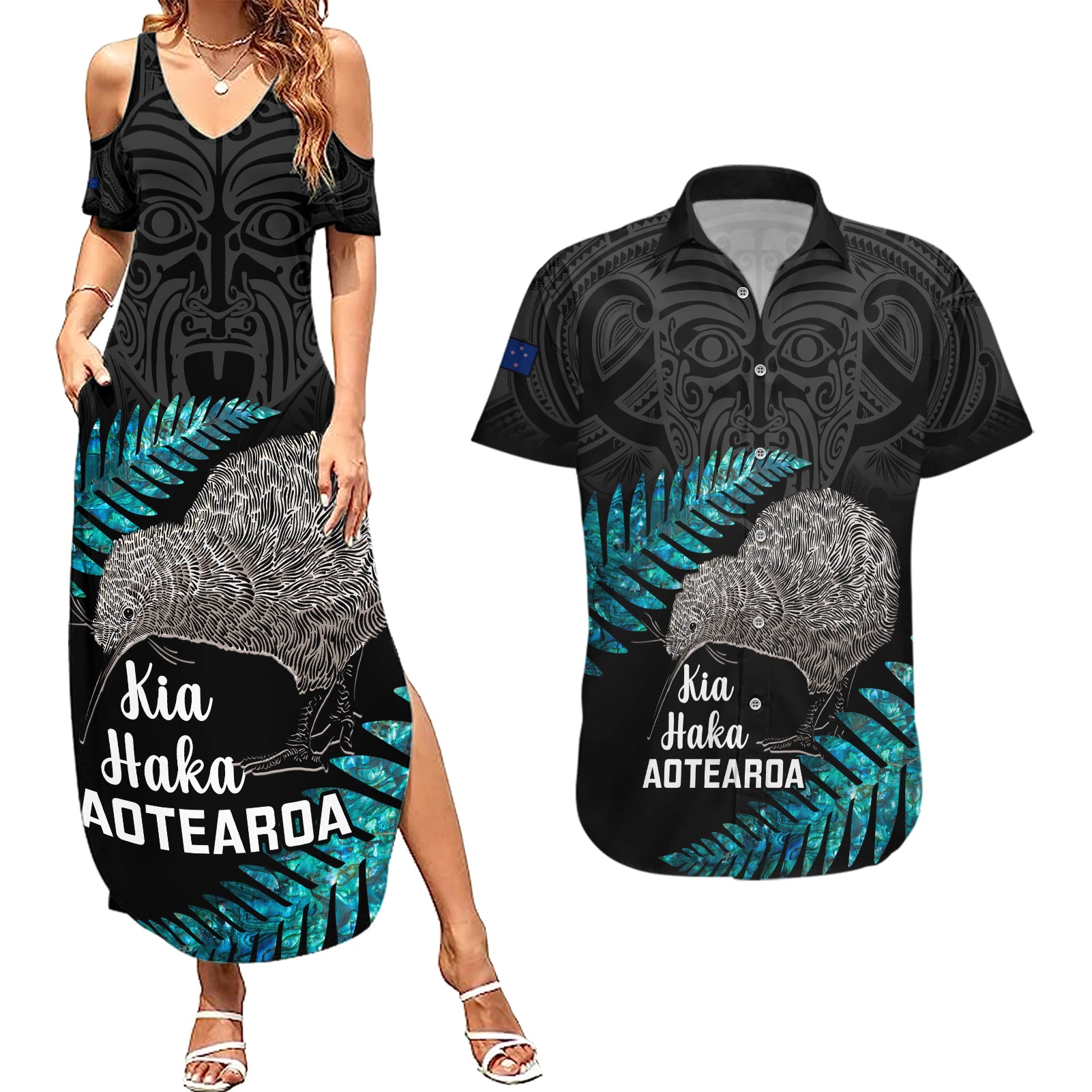 Custom New Zealand Silver Fern Rugby Couples Matching Summer Maxi Dress and Hawaiian Shirt Pacific 2023 Kia Haka Kiwis With Maori Ta Moko LT14 Black - Polynesian Pride