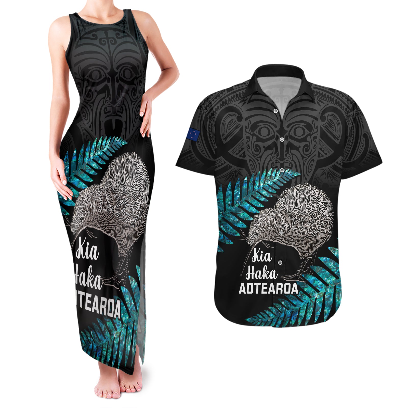 Custom New Zealand Silver Fern Rugby Couples Matching Tank Maxi Dress and Hawaiian Shirt Pacific 2023 Kia Haka Kiwis With Maori Ta Moko LT14 Black - Polynesian Pride