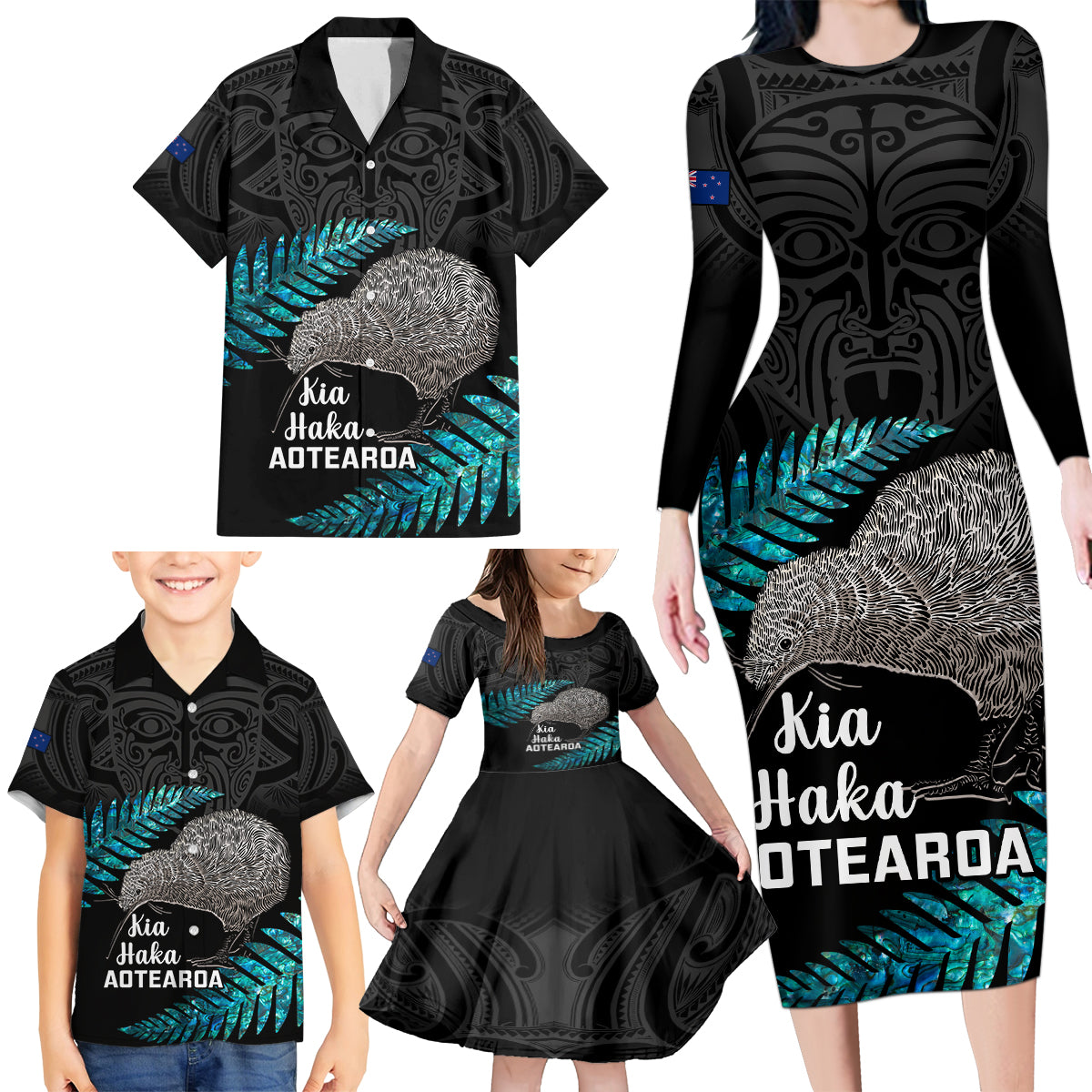 Custom New Zealand Silver Fern Rugby Family Matching Long Sleeve Bodycon Dress and Hawaiian Shirt Pacific 2023 Kia Haka Kiwis With Maori Ta Moko LT14 - Polynesian Pride