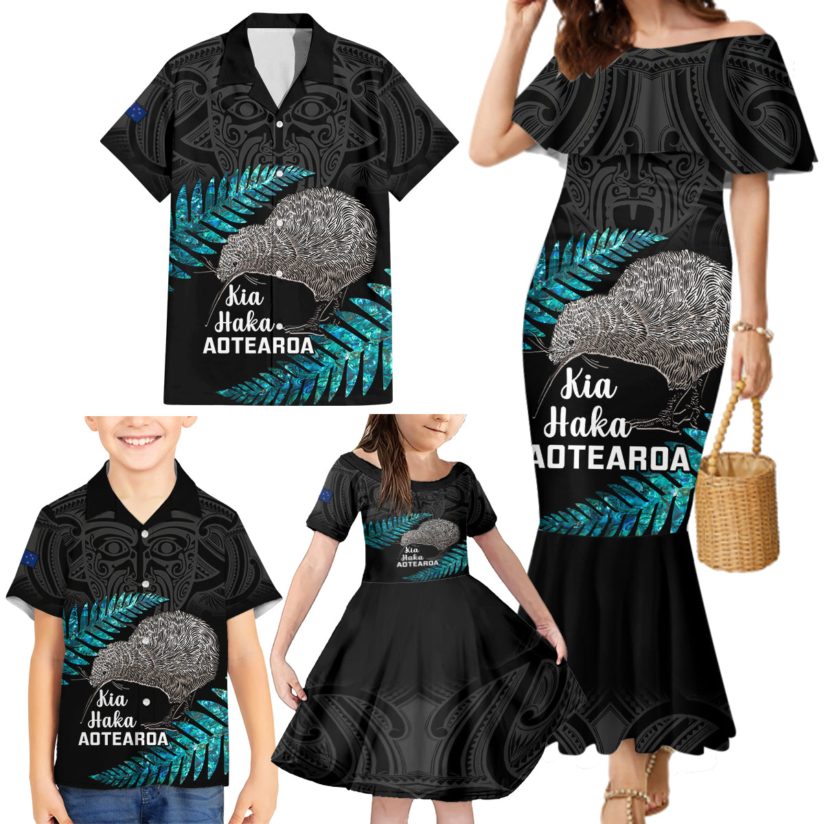 Custom New Zealand Silver Fern Rugby Family Matching Mermaid Dress and Hawaiian Shirt Pacific 2023 Kia Haka Kiwis With Maori Ta Moko LT14 - Polynesian Pride